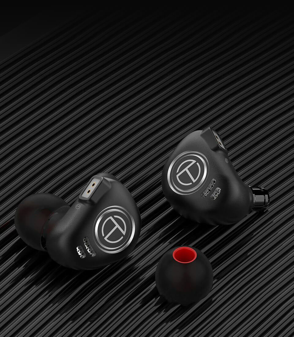 TRN V90 Two earphones on black background