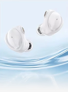 White TRN Baiji earphones floating above water