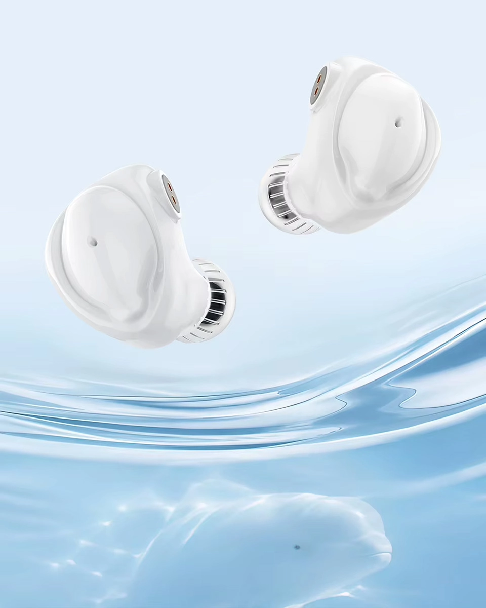 White TRN Baiji earphones above water ripples