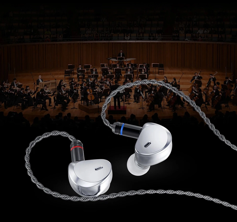 TRN Caravel earphones against concert backdrop