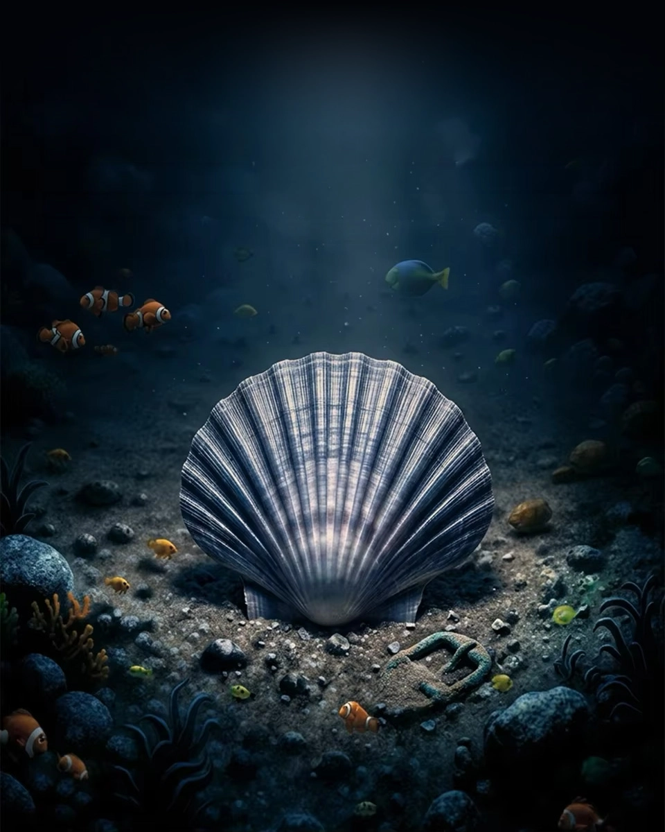 Scallop shell on ocean floor