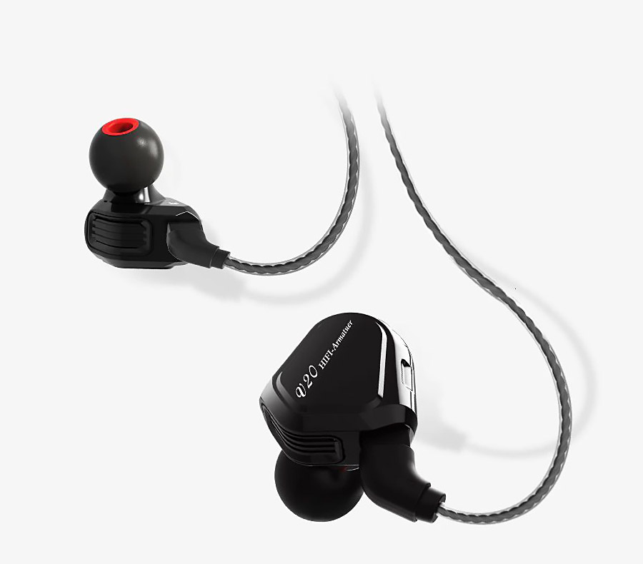 TRN V20 Black earphones on a grey background